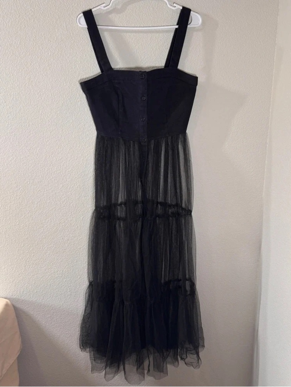 Black Sheer Tiered Midi Dress with Button Bodice